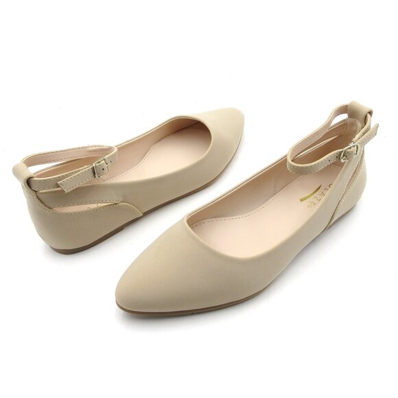 LURNYET Women's NUDE NUBUCK Casual Ankle Strap Pointed Toe Ballet Flats Shoes - Picture 6 of 7